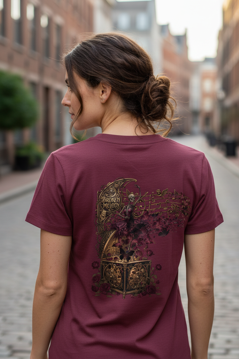 BROKEN MELODY Damen Bio T-Shirt mit Backprint Burgunder - Urban Lifestyle Photography